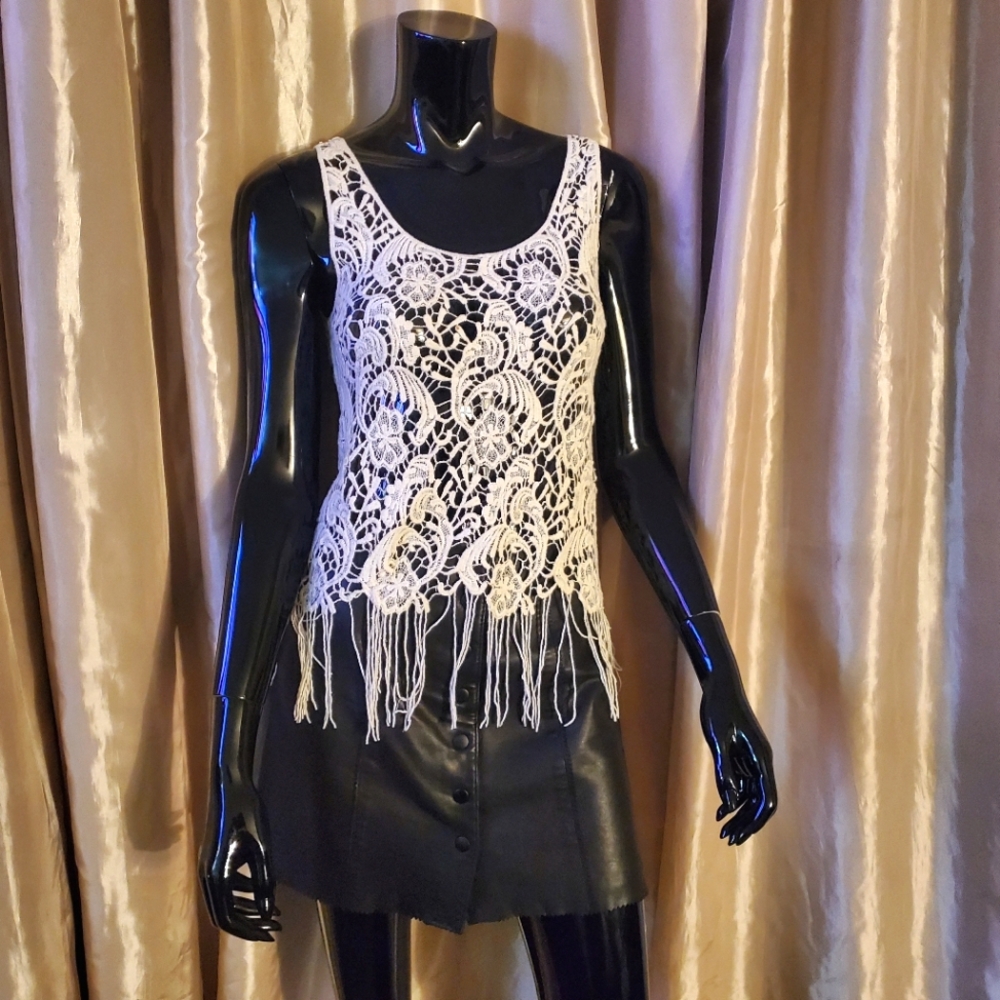 Paper + Tee Boho Lace Overlay Fringe Tank